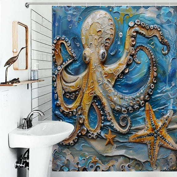 Shower Curtain Octopus And Starfish Art Painting Polyester Waterproof Home Ration Curtain With Hook