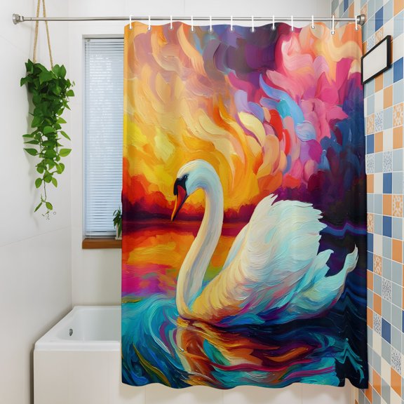 Shower Curtain, Oil Style Animals Swan Waterproof Polyester Fabric Bath Curtain with Hooks for Bathroom Bathtub Stalls, Sunset Background 36x72IN