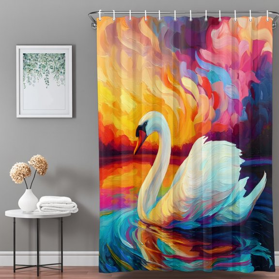 Shower Curtain,Oil Style Animals Swan Waterproof Shower Curtain Set with Hooks for Bathroom Showers,Stalls and Bathtubs,36x72in,Sunset Background