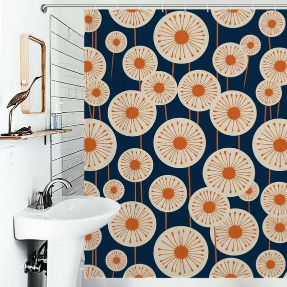 Shower Curtain Orange Dandelions Navy Blue Background Polyester Waterproof Home Ration Curtain With Hook