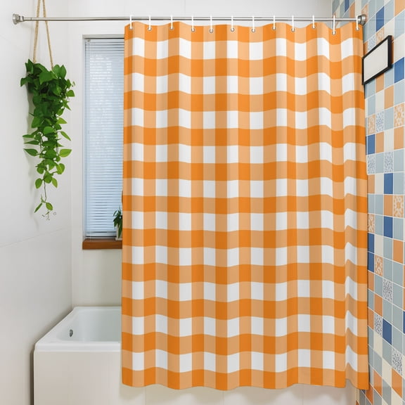 Shower Curtain, Orange White Buffalo Checker Waterproof Polyester Fabric Bath Curtain with Hooks for Bathroom Bathtub Stalls, Summer Plaid Gingham 72x72IN