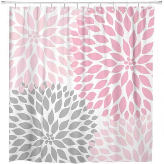 Shower Curtain Pale Pink Gray White Dahlias Odorless Home Bathroom Decor Polyester Fabric Waterproof 72 x 72 Inches Set with Hooks