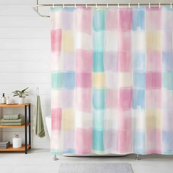 Shower Curtain Pastoral Check Shower Curtains for Bathroom Decor, Waterproof Polyester Shower Curtain Set with Hooks, Extra Long 72" x 84" Spring Watercolor