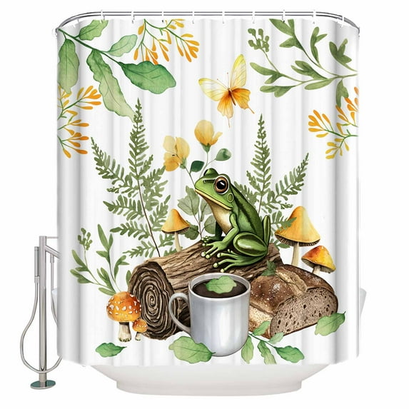 Shower Curtain, Pastoral Frog Coffee Plant Waterproof Shower Curtain Set with Hooks for Bathroom Showers,Stalls and Bathtubs,72x72In Watercolor Country Scenery