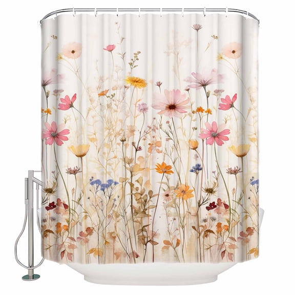 Shower Curtain, Pastoral Style Wildflower Field Waterproof Shower Curtain Set with Hooks for Bathroom Showers,Stalls and Bathtubs,72x84In Blooming Floral Botanical