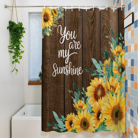 Shower Curtain, Pastoral Sunflower Brown Plank Waterproof Polyester Fabric Bath Curtain with Hooks for Bathroom Bathtub Stalls, You Are My Sunshine Quote 36x72IN