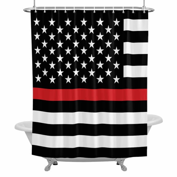 Shower Curtain, Patriotic Thin Red Line Flag Waterproof Fabric Bathroom Shower Curtains Set with Hooks,72 X 72 Inch Long, Firefighter