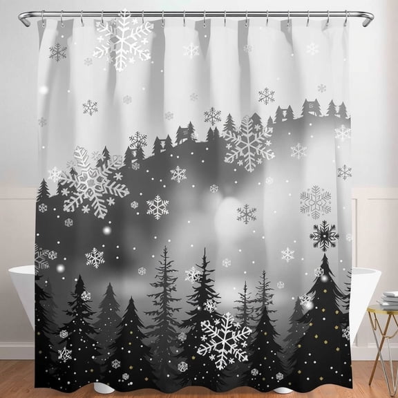 Shower Curtain - Pine Trees & Snowflakes Design Translucent, Festive Home Decor