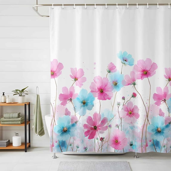 Shower Curtain Pink Blue Flower Shower Curtains for Bathroom Decor, Waterproof Polyester Shower Curtain Set with Hooks, Small Stall Size 36" x 72" Spring Floral White