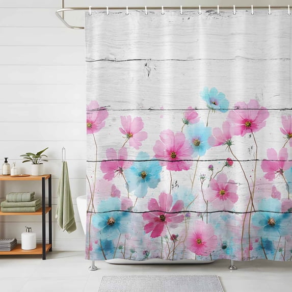 Shower Curtain Pink Blue Flower Shower Curtains for Bathroom Decor, Waterproof Polyester Shower Curtain Set with Hooks, Standard Size 72" x 72" Spring Floral Wood Grain