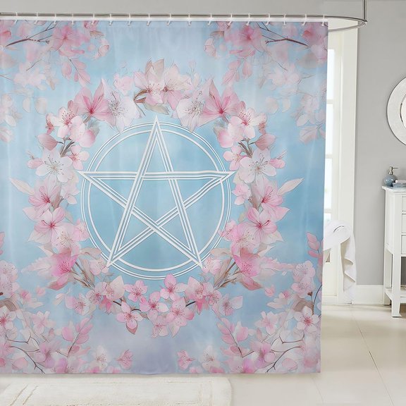 Shower Curtain Pink Cherry Blossom Wreath Pentagram Pattern Aesthetic Waterproof Fabric Curtain for Bathroom Home Decor