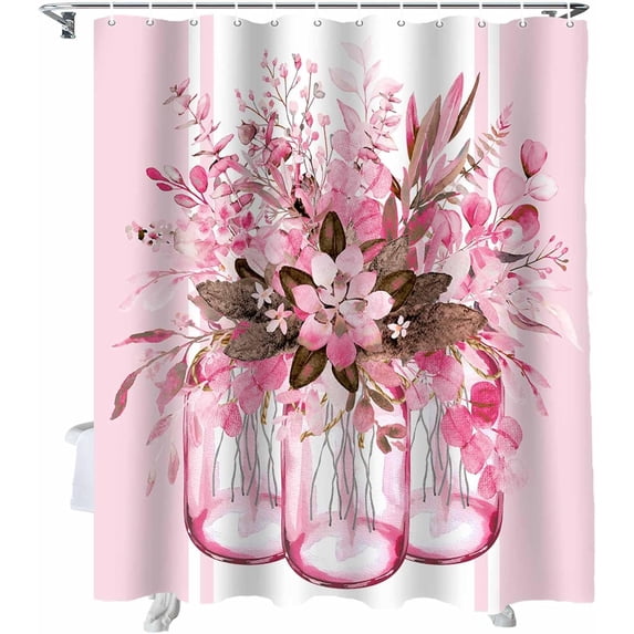 Shower Curtain Pink Eucalyptus Leaf Flower Shower Curtains for Bathroom Decor Stripes Jar Floral Shower Curtain Sets with Hooks Waterproof Fabric Bath Curtain Small Stall 36" X 72"