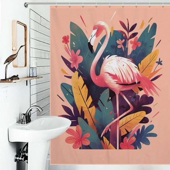 Shower Curtain Pink Flamingo Palm Leaves Tropical Bath Curtain Polyester Fabric Bathroom Ration With Hooks