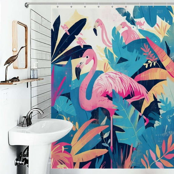 Shower Curtain Pink Flamingo Palm Leaves Tropical Bath Curtain Polyester Fabric Bathroom Ration With Hooks
