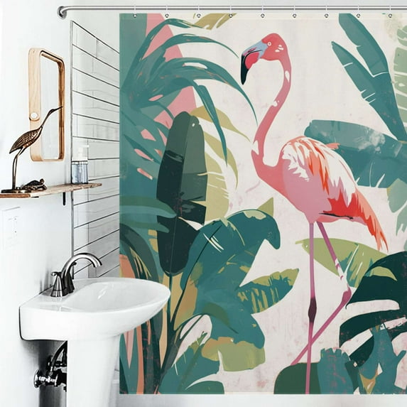 Shower Curtain Pink Flamingo Palm Leaves Tropical Bathroom Waterproof Polyester Home Ration Curtain With Hook