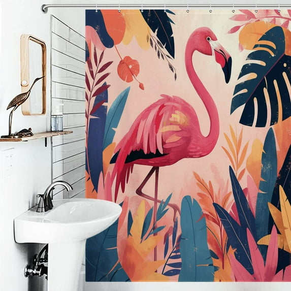 Shower Curtain Pink Flamingo Palm Leaves Tropical Bathroom Waterproof Polyester Home Ration Curtain With Hook