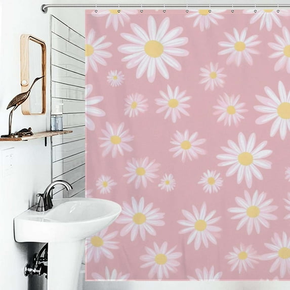 Shower Curtain Pink Floral Rainbow Pattern Polyester Waterproof Home Ration Curtain With Hook