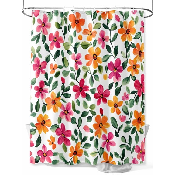 Shower Curtain Pink Orange Flower Shower Curtains for Bathroom, Waterproof Polyester Shower Curtain Set with Hooks, Standard Size 66" x 72" Watercolor Spring