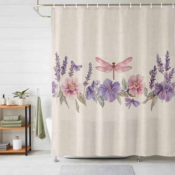 Shower Curtain Pink Purple Flowers Dragonfly Shower Curtains for Bathroom Decor, Waterproof Polyester Shower Curtain Set with Hooks, Extra Long 72" x 78" Linen Background