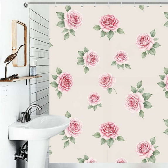 Shower Curtain Pink Rose Floral Pattern Bath Curtain Polyester Fabric Bathroom Ration With Hooks