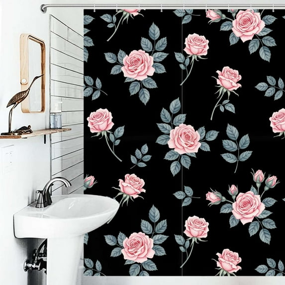 Shower Curtain Pink Roses Black Background Polyester Waterproof Home Ration Curtain With Hook