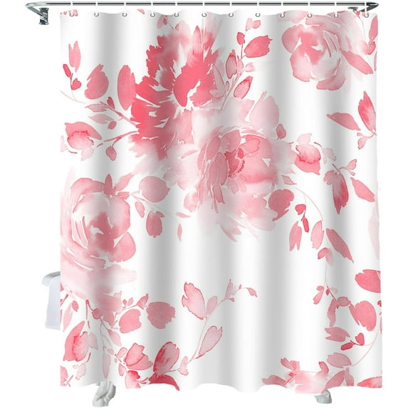 Shower Curtain Pink Watercolor Shower Curtains for Bathroom Decor Flower Floral Leaves Shower Curtain Sets with Hooks Waterproof Fabric Bath Curtain Extra Long 72" X 84"
