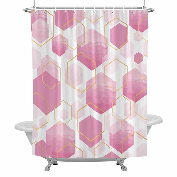 Shower Curtain, Pink White Gold Geometric Waterproof Fabric Bathroom Shower Curtains Set with Hooks,72 X 72 Inch Long, Modern Abstract Hexagon Pattern