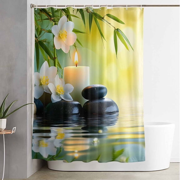 Shower Curtain, Plumeria Flower Stones Lake Zen Meditation Waterproof Shower Curtain Set with Hooks for Bathroom Showers,Stalls and Bathtubs,72x84In Still Life