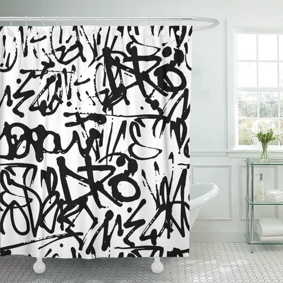Shower Curtain Print Graffiti with Abstract Tags Letters Without Meaning Hand Drawing Street Retro Old School BlackPolyester Fabric Bathroom Curtain Set with Hooks 60"W x 72"L (Pack of 1)