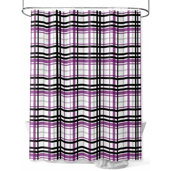 Shower Curtain Purple Black Buffalo Plaid Bathroom Curtains with Hooks, Waterproof Fabric Check Stripe Bath Shower Curtains Set for Bathroom Bathtubs Decor 36x72 Inch