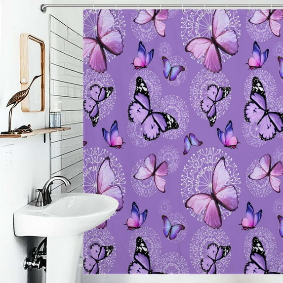 Shower Curtain Purple Butterfly Dandelion Bath Curtain Polyester Fabric Bathroom Ration With Hooks