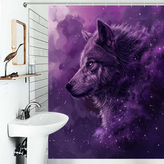 Shower Curtain Purple Glowing Wolf Polyester Waterproof Home Ration Curtain With Hook