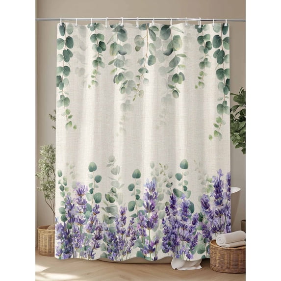 Shower Curtain, Purple Lavender Eucalyptus Leaf Waterproof Shower Curtain Set with Hooks for Bathroom Showers,Stalls and Bathtubs,72x72In Country Leaves Retro Linen