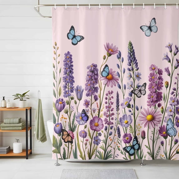 Shower Curtain Purple Lavender Shower Curtains for Bathroom Decor, Waterproof Polyester Shower Curtain Set with Hooks, Extra Long 72" x 78" Vintage Floral Butterfly Pink