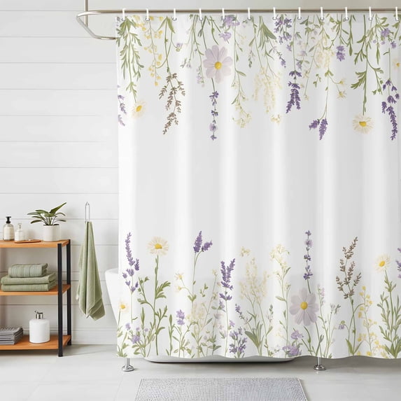 Shower Curtain Purple White Flowers Shower Curtains for Bathroom Decor, Waterproof Polyester Shower Curtain Set with Hooks, Extra Long 72" x 78" Floral Leaf