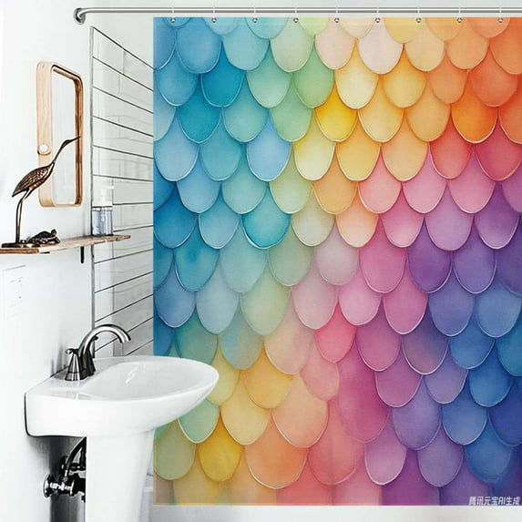 Shower Curtain Rainbow Mermaid Scales Polyester Waterproof Home Ration Curtain With Hook