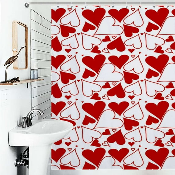 Shower Curtain Red And White Heart Pattern Polyester Waterproof Home Ration Curtain With Hook