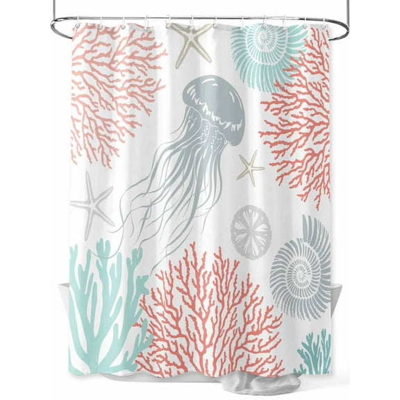 Shower Curtain Red Coral Jellyfish Bathroom Curtains with Hooks, Waterproof Fabric Starfish Shell Bath Shower Curtains Set for Bathroom Bathtubs Decor 36x72 Inch
