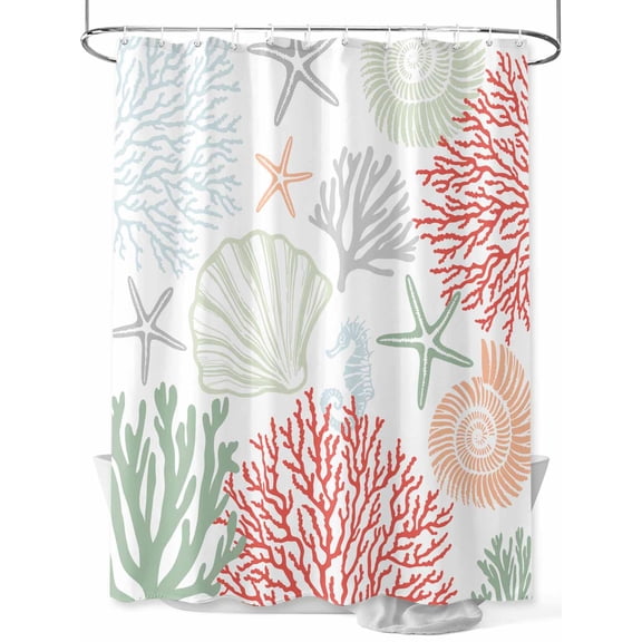 Shower Curtain, Red Coral Sage Green Starfish Ocean Coastal Seashell Washable Shower Curtain with Hooks Bath Decor Fabric Shower Curtains for Bathroom, Hotel, Stalls, Bathtubs, 36x72 Inch