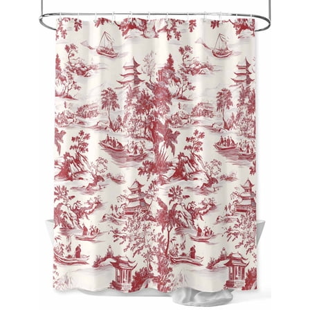 Shower Curtain Red Garden Landscape Bathroom Curtains with Hooks, Waterproof Fabric Retro Chinese Style Bath Shower Curtains Set for Bathroom Bathtubs Decor 36x72 Inch