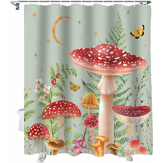 Shower Curtain Red Mushroom Moon Butterfly Shower Curtains for Bathroom Decor Branch Leaves Plant Green Shower Curtain Sets with Hooks Waterproof Fabric Bath Curtain Small Stall 36" X 72"