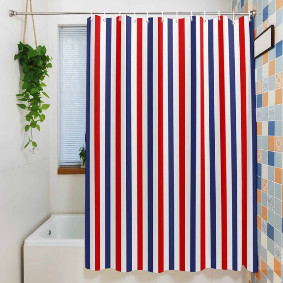 Shower Curtain, Red Navy Blue Striped Waterproof Polyester Fabric Bath Curtain with Hooks for Bathroom Bathtub Stalls, Classic Lines 72x72IN