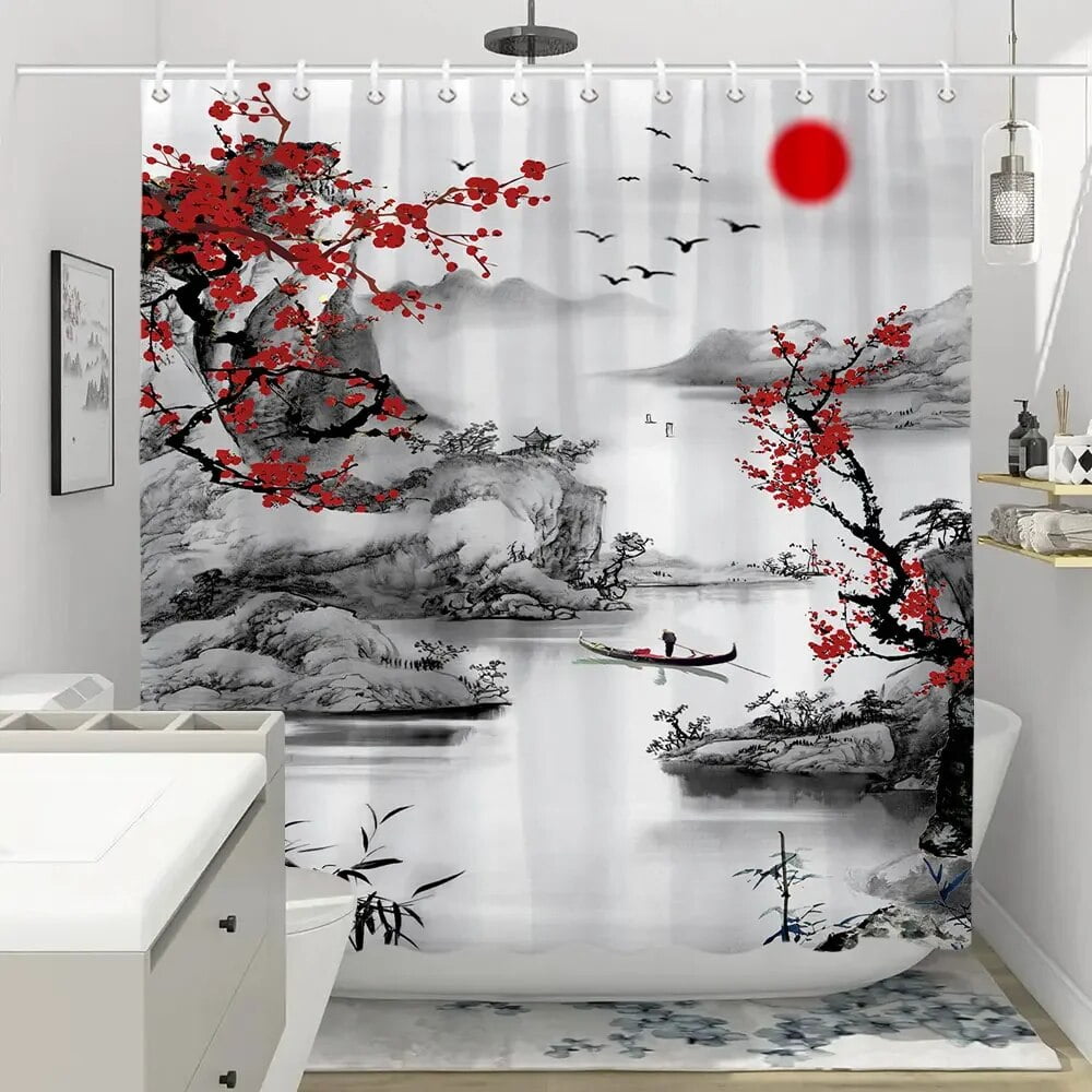 Japanese Style Shower Curtain Set - Red Plum Blossom, Bamboo, Koi Fish & Misty Mountain Design - 70x70 Inches With Free Hooks