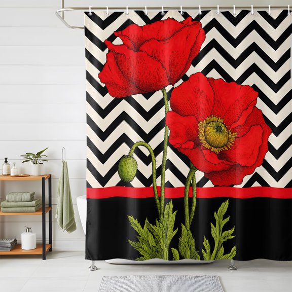 Shower Curtain,Red Poppy Flower Retro Boho Waterproof Shower Curtain Set with Hooks for Bathroom Showers,Stalls and Bathtubs,72x72in,Abstract Black Herringbone