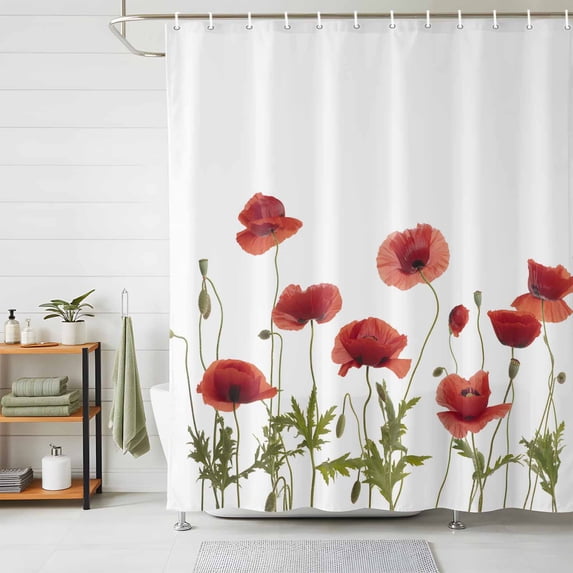 Shower Curtain Red Poppy Shower Curtains for Bathroom Decor, Waterproof Polyester Shower Curtain Set with Hooks, Small Stall Size 36" x 72" Spring Flowers Green Leaf