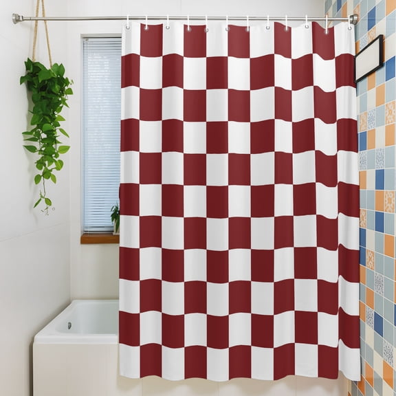 Shower Curtain, Red White Square Tiles Waterproof Polyester Fabric Bath Curtain with Hooks for Bathroom Bathtub Stalls, Traditional Plaid Pattern 72x84IN