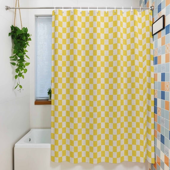 Shower Curtain, Retro Farm Beige Yellow Check Waterproof Polyester Fabric Bath Curtain with Hooks for Bathroom Bathtub Stalls, Rural Pastoral Buffalo 36x72IN
