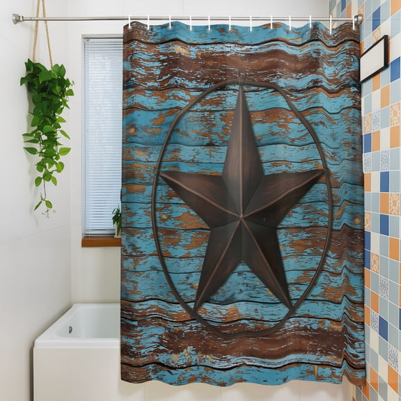 Shower Curtain, Retro Farm Texas Star Waterproof Polyester Fabric Bath Curtain with Hooks for Bathroom Bathtub Stalls, Shabby Blue Wood Grain 36x72IN