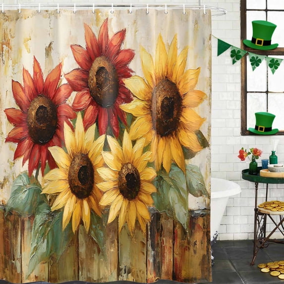 Shower Curtain, Retro Farmhouse Red Yellow Sunflower Waterproof Shower Curtain Set with Hooks for Bathroom Showers,Stalls and Bathtubs,60x72In Vintage Rustic Wood Floral