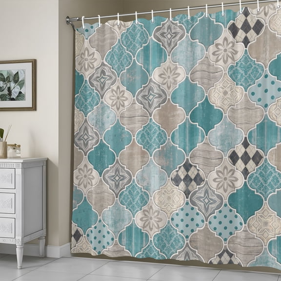 Shower Curtain,Retro Moroccan Plaid Teal Gradient Waterproof Fabric Bath Curtains with Hooks Abstract Geometric Washable Bathroom Shower Curtains for Home Hotel Decor,72x72 Inch